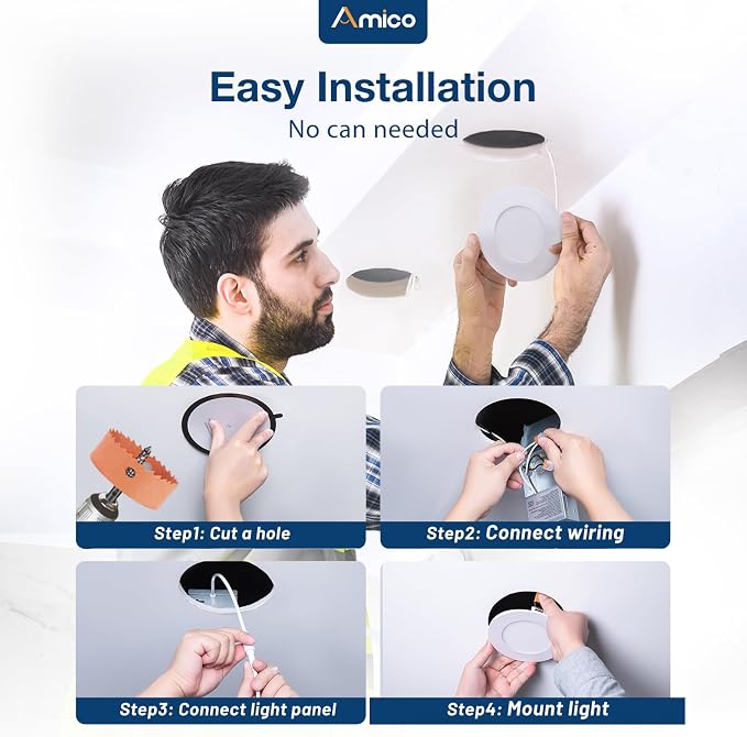Amico 4 Pack 3 Inch 5CCT Ultra-Thin LED Recessed Ceiling Light with Junction Box, 2700K/3000K/3500K/4000K/5000K Selectable, 7W Eqv 60W 500LM Brightness Dimmable Canless Wafer Downlight, ETL