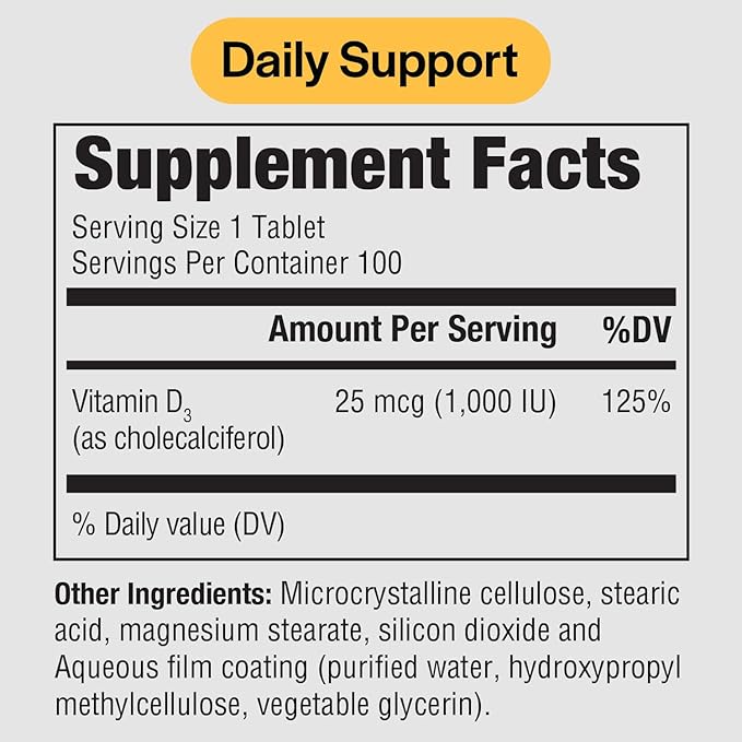 PureFormulas ビタミンD3 1,000IU 25mcg - 健康な骨形成、歯、心臓血管の健康、免疫サポートのためのプレミアムビタミンDサプリメント 非遺伝子組み換え - 100粒タブレット