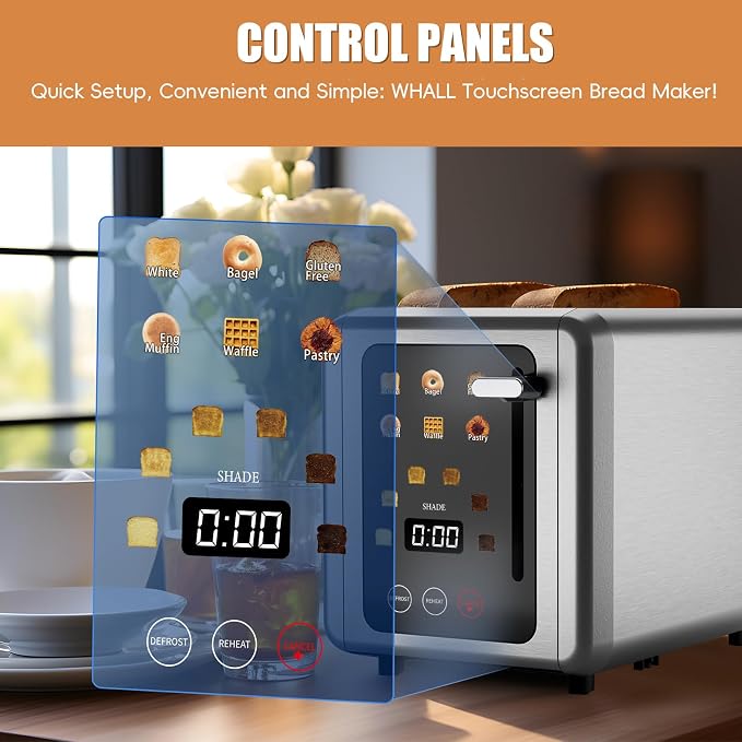 Touch screen Toasters 2 slice,Stainless Steel Digital Timer Toaster with Sound Function,6 Bread Types & 6 Shade Settings,Smart Extra Wide Slots Toaster with Bagel,Defrost Functions,Silver