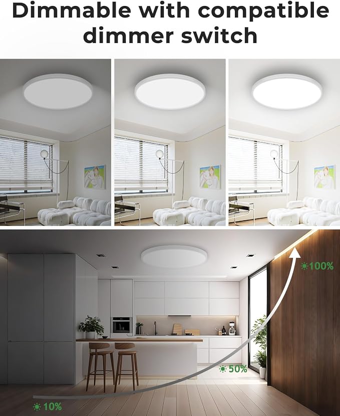 hepside 23INCH Big Dimmable Flush Mount Ceiling Light Fixture White, 3000/4000/6500K Ceiling Lamp, 50W 5000LM Super Bright Low Profile Light for Bedroom, Kitchen, Bathroom, Hallway