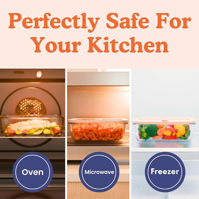 Ziruma Non-Toxic Glass Food Containers with Lids, 4-Pack, 21 oz, Beige | Plastic & BPA free. Glass body, glass lid & platinum silicone seal. Airtight & leakproof. Freezer & microwave safe