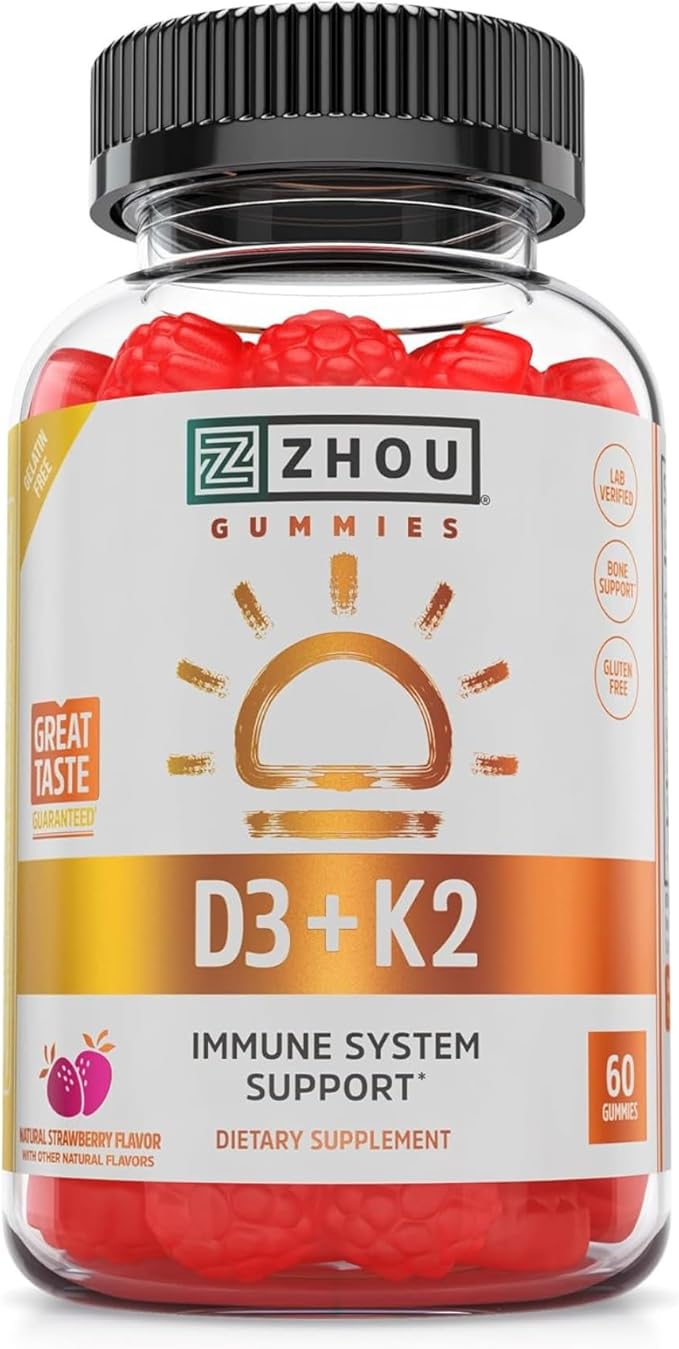 Zhou D3+K2 - 男女兼用ビタミンD3 K2サプリメント、免疫サポートビタミンD3・K2グミ、ゼラチン不使用、D3 5000 IUとMK-7配合 - ベジグミ60粒入り（1個）