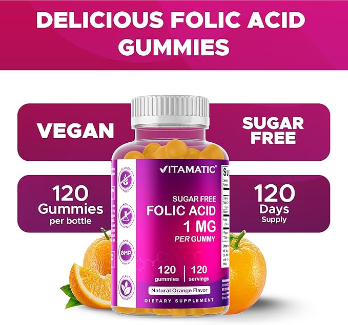 Vitamatic Folic Acid Gummies 1000 mcg (1 mg) – Essential Prenatal Vitamin B9 for Mom & Baby – 120 Vegan Gummies per Bottle – 2 Pack