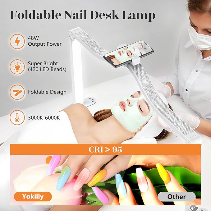 Yokilly Arc Half Moon Light: 34" Shadow-Free Half Moon Light for Desk Salon - Foldable LED Desk Lamp with Stepless Brightness for Manicurist (White)