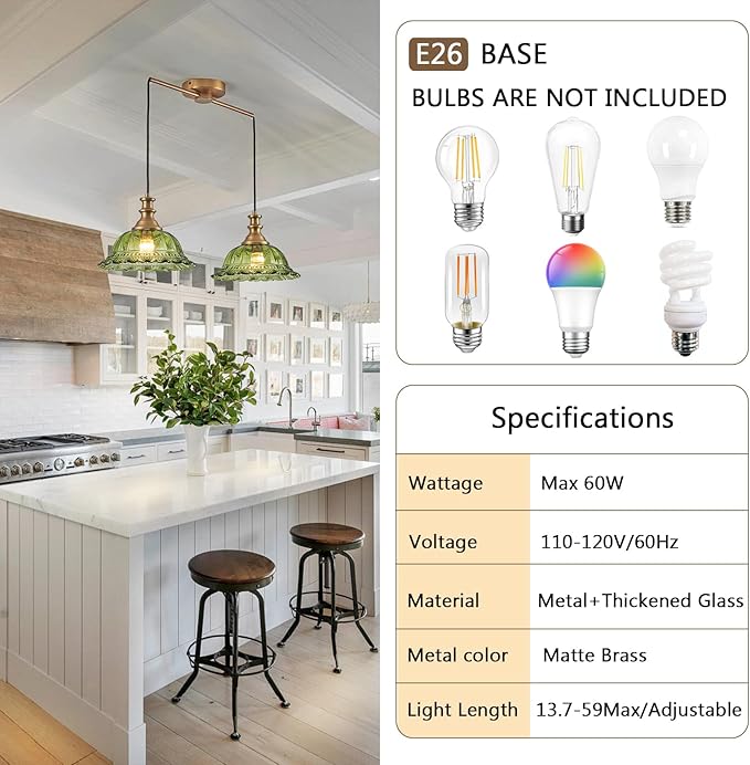 HDDFL Vintage Pendant Light Fixtures Modern Green Glass Hanging Lighting with Adjustable Cord for Kitchen Island Dining Room Living Room Hallway