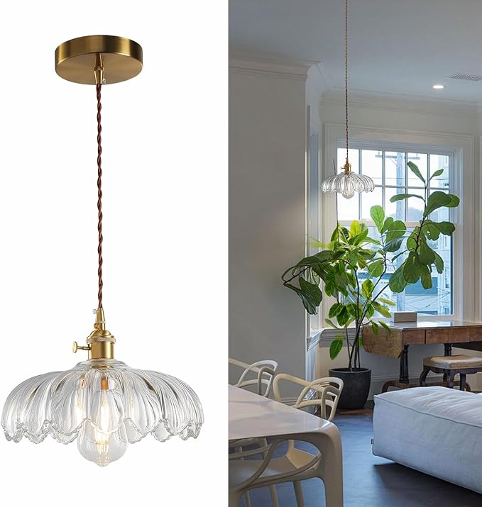 XZHGCEE Glass Pendant Lights Kitchen Island: Vintage Pendant Light Fixtures Small Pendant Light Dining Room, Clear Hanging Light for Living Room, Schoolhouse, Entryway, Foyer, E26