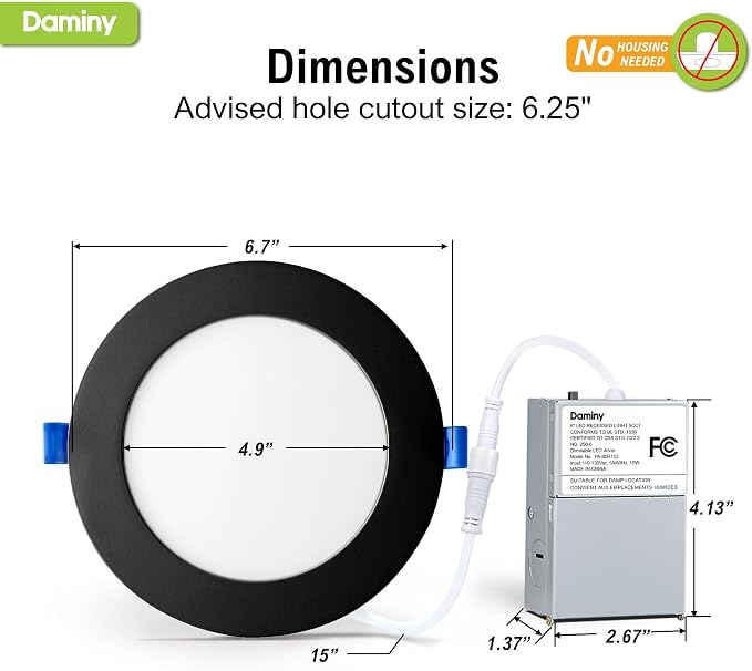 DAMINY 6 Pack 6 Inch Black LED Recessed Lighting with Junction Box,5CCT,Ultra-Thin Recessed Light,10W 1100LM, Dimmable Canless Wafer Ceiling Light,High Brightness