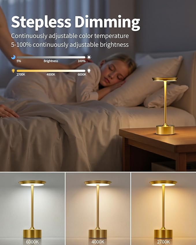 PUSU Rechargeable Table Lamps Set of 2, Gold Cordless LED 4000mAh Battery Desk Lamp, Stepless Dimming & 3 Color 2700K-6000K, Portable Lamp for Bedroom, Living Room, Restaurant, Outdoor, Night Light