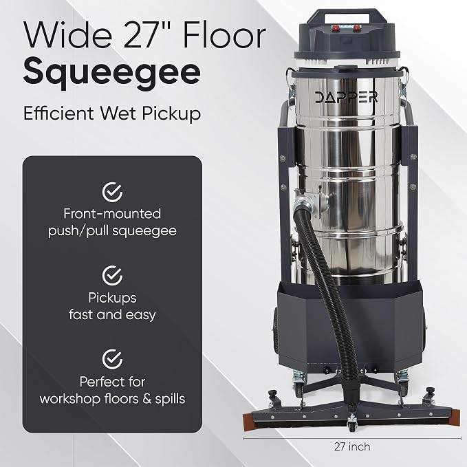 26.5 Gallon Heavy-Duty Industrial Wet/Dry Vacuum, Dual Motor, 3.3 HP, 222 CFM, 27" Squeegee, 120V/20A Plug, 2 Year Warranty - Ideal for Construction Sites, Warehouses & Industrial Cleanup