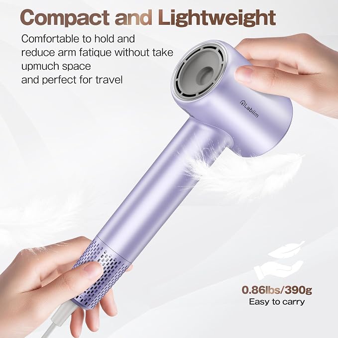 Labiim Hair Dryer, High-Speed Ionic Blow Dryer 110,000 RPM Brushless Motor for Fast Drying, 200M Ions Frizz & Thermo-Control HairDryer with Magnetic Nozzle, Quiet Compact for Home Travel, Purple