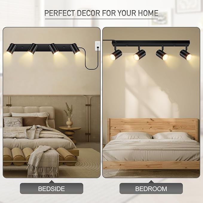 BoostArea Plug in Track Lighting, LED Track Light Kit, Black 4-Light Track Lights for Kitchen, 15 FT Cord,23" Ceiling Spotlight, Rotatable Wall Mount Light Head for Bedroom Hallway Living Room