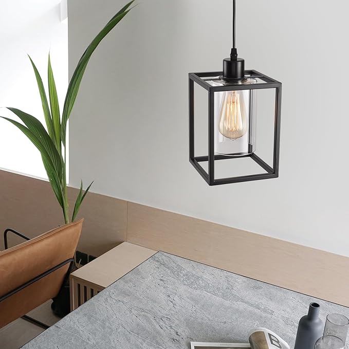 Black Pendant Lights for Kitchen Island Industrial Lantern Pendant Light Fixtures with Clear Glass Shade, Farmhouse Adjustable Height Hanging Pendant Lighting