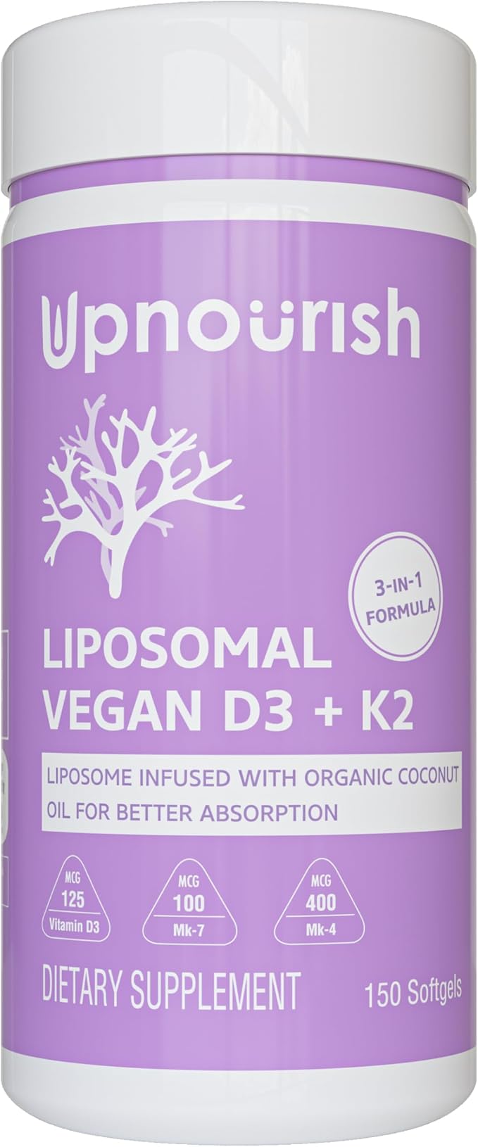 Complément alimentaire végétalien certifié UpNourish Vitamine D3 5000 UI K2 MK4 MK7 500 mcg, 150 capsules molles, Vitamine D K liposomale végétale avec huile de noix de coco biologique, Sans OGM, sans gluten et sans gélatine