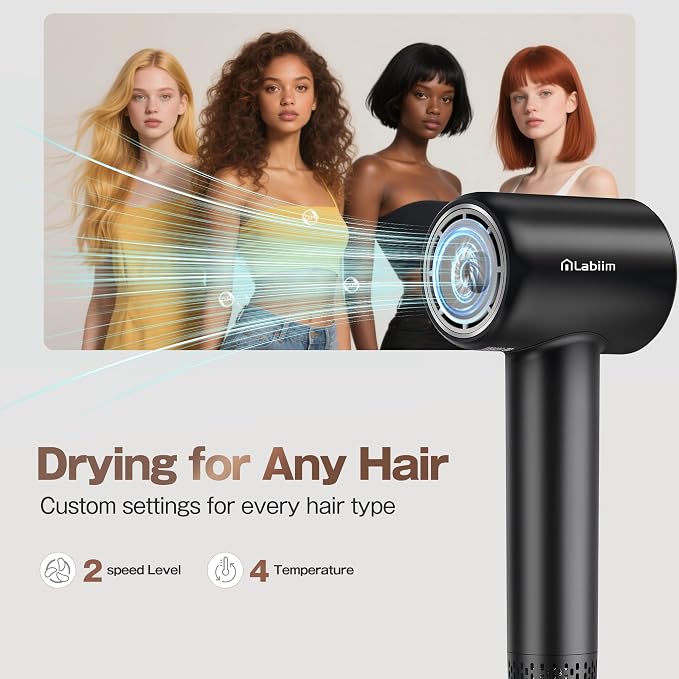 Labiim Hair Dryer, High-Speed Ionic Blow Dryer 110,000 RPM Brushless Motor for Fast Drying, 200M Ions Frizz & Thermo-Control HairDryer with Magnetic Nozzle, Quiet Compact for Home Travel, Black