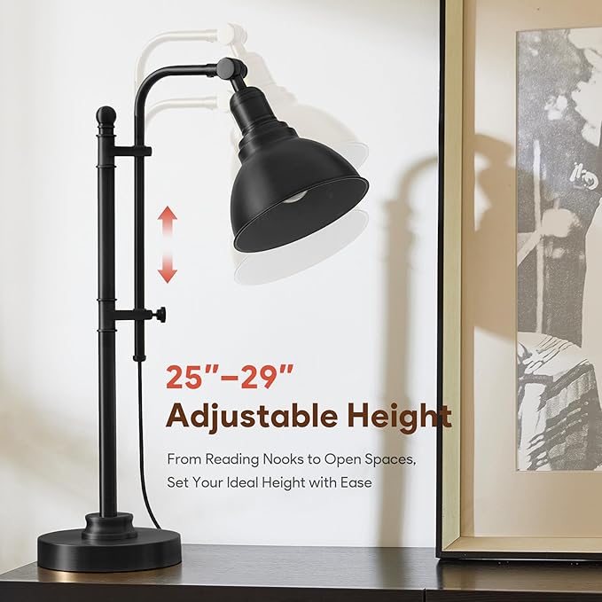 VONLUCE Rustic Desk Lamp Black Adjustable, Industrial Style Metal Task Lamps 25"-29", Vintage Work Light, Farmhouse Reading Lamp in Black Finish, ETL Certificate