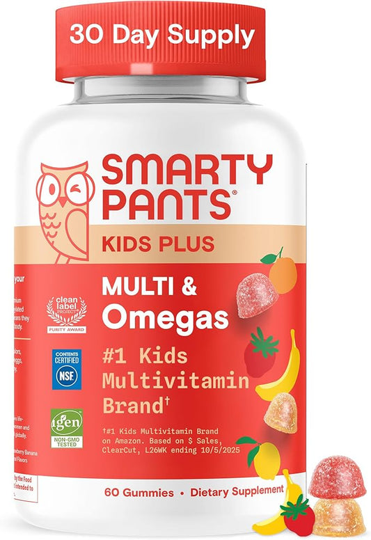 Gummies multivitaminées pour enfants SmartyPants - Formule améliorée : Oméga 3 (DHA/EPA), Vitamines D3, C, B12, B6, Vitamine A, K et Zinc, Sans gluten, Trois saveurs de fruits, 60 gommes (30 jours de traitement)