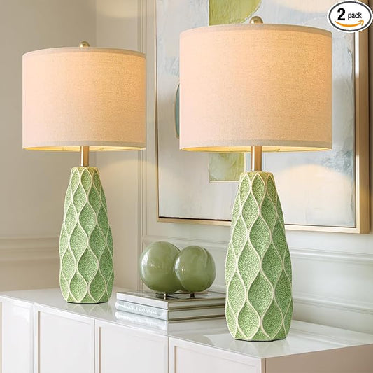 27.5" Ceramic Table Lamps for Living Room Bedroom Lamps Set of 2 Modern Boho Bedside Lamps Night Stands Farmhouse Vintage Large Nightstand Lamp Reading Light Home Office Dorm Desk Deco Gifts, Green