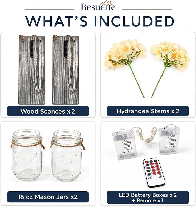 Rustic Mason Jar Sconces Wall Decor - Set of 2 Hanging Wooden Wall Art with LED String Lights & Remote Timer - Vintage Farmhouse Decoration for Living Room or Bedroom, Grey