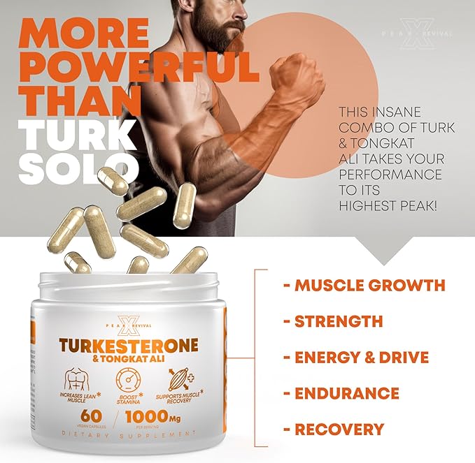 Turkesterone Tongkat Ali Supplement (500mg Ajuga Turkestanica + 250mg Tongkat Ali) 60 Capsules-Turkesterone Supplement 1000mg - Muscle Strength & Recovery Support - Made in The USA BY Peak Revival-X