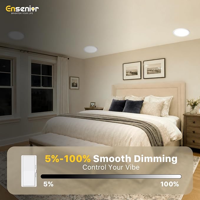 Ensenior 6 Pack 8 Inch LED Recessed Light, Dimmable, 2700K-5000K 5CCT, 1600LM High Brightness, 18W 120V, Damp Rated, Ultra-Thin Canless Wafer Light - ETL & FCC & IC