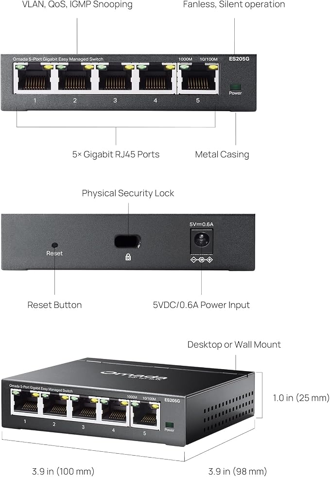 TP-Link Omada 5 Port Gigabit Easy Managed, Switch, VLAN, Auto Loop Prevention, IGMP Snooping, Fanless, Managed by Omada, Durable Metal w/Shielded Ports(ES205G)