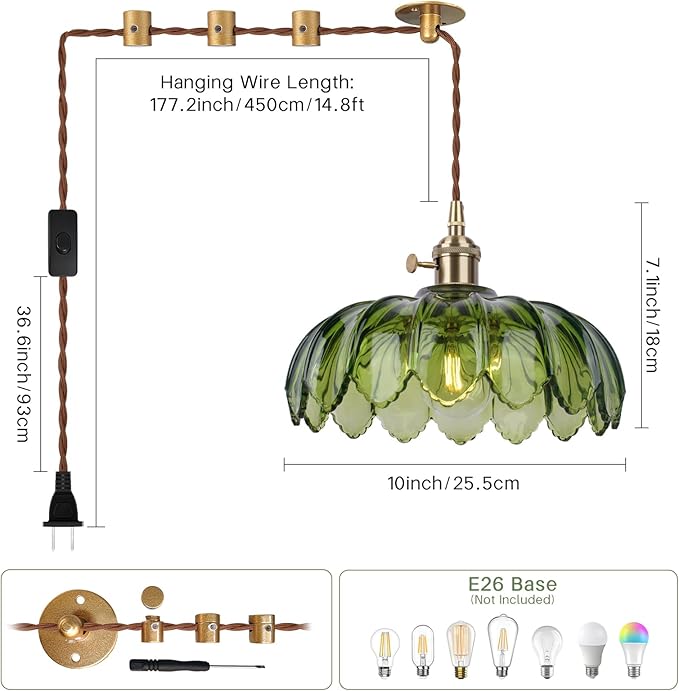Vintage Green Flower Glass Pendant Light, Hanging Ceiling Lamp Fixture for Kitchen Island, Bedroom, Dining Room, Living Room, Plug in Lighting