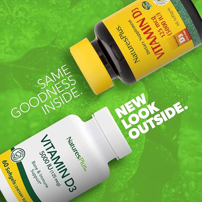 NaturesPlus Vitamine D3 5000 UI - 60 Gélules - Soutien osseux et immunitaire - 60 Portions