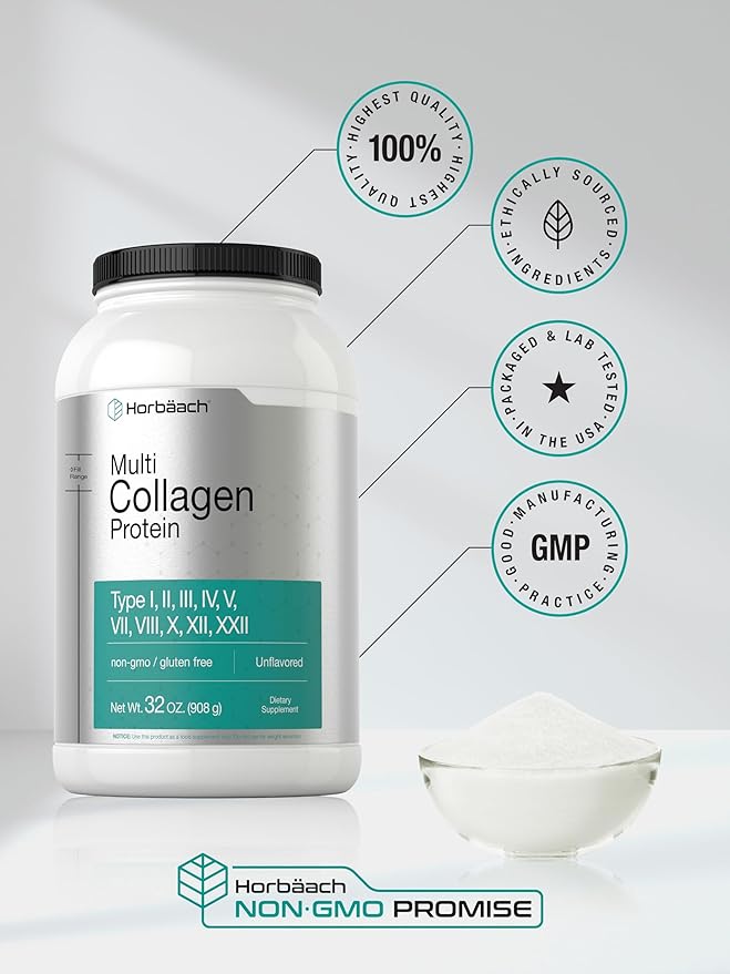 Horbaach Multi Collagen Protein Powder 32 oz | Types I, II, III, IV, V, VII, VIII, X, XII, and XXII | Grassfed Collagen Peptides | Keto & Paleo Friendly | Unflavored & Gluten Free