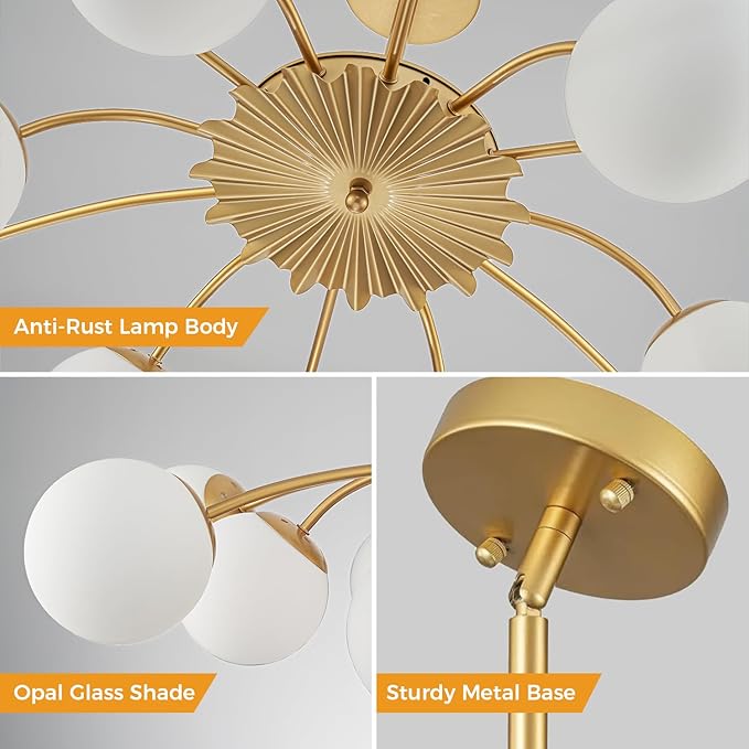 12-Light Milk Glass Pendant Light, 40" Sputnik Bubble Glass Chandelier Light Fixture, Hand Blown Semi Flush Mount Ceiling Chandeliers Lighting for Dining Room, Living Room (Gold, 12-Light Chandelier)