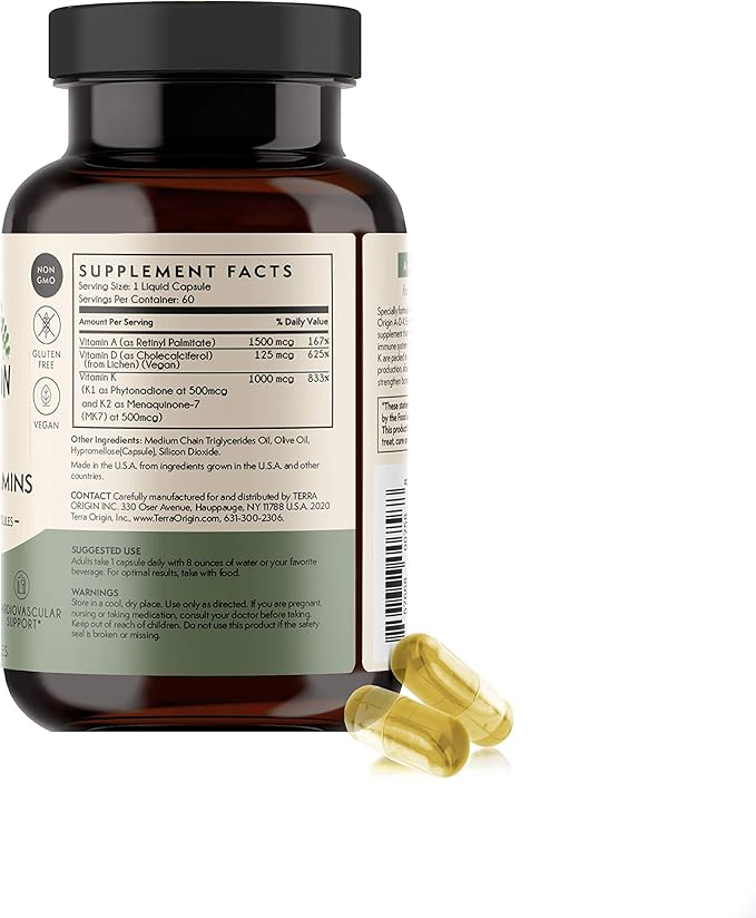 Complément vitaminique essentiel TERRA ORIGIN ADK | 60 capsules liquides | Vitamines A, D 5000 UI, K1 et K2 à haute puissance | Sans OGM, sans gluten, végétalien, fabriqué aux États-Unis