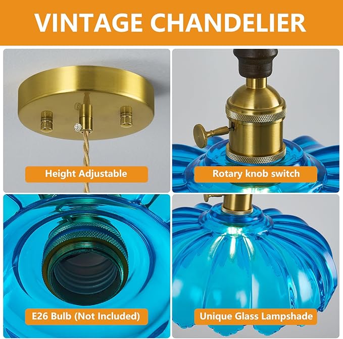Modern Blue Glass Pendant Light Retro Flower Glass Hanging Lamp Gold Brass Decorative Adjustable Ceiling Hanging Light Suitable for Kitchen Island Bedroom Dining Room Living Room
