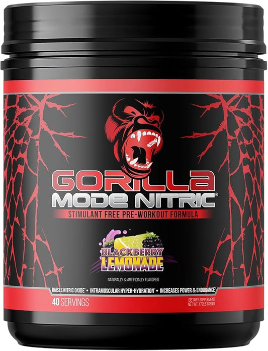 Gorilla Mode Nitric Upgraded Pre-Workout sans stimulant – Le meilleur goût et le plus efficace des pre-workouts sans stimulant / Pompe massive · Vasodilatation · Puissance / 780 grammes (Limonade Mûre)