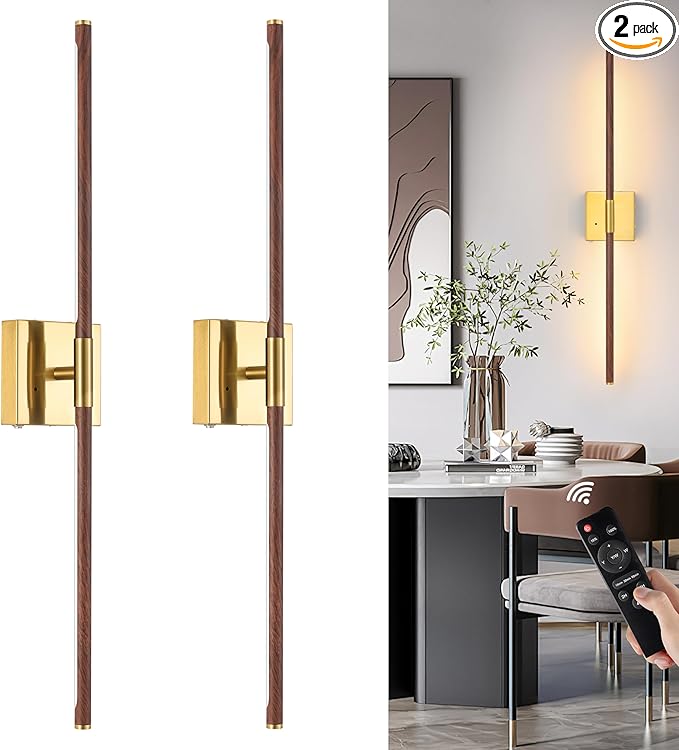 Morauroral 30″ Walnut Battery Operated Wall Sconces with Remote Control, Rechargeable Wall Sconces Set of 2, LED Sconces Wall Lighting, Wireless Wall Lights for Bedroom, Living Room, Background Wall