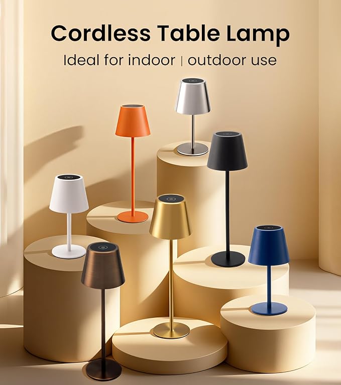 Cordless Table Lamp, Portable Battery Operated Lamp with 3 Color Temps and Stepless Dimming, Rechargeable Table Lamp for Dinner, Desk, Cafe, Outdoor (Black)