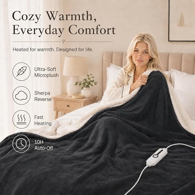 Electric Heated Blanket Full Size 72"x84" – ETL Certified for Safe Overnight, 4 Heat Settings & 10H Auto Off, Dual-Sided Microplush Sherpa for Home Theater Night, Machine Washable – Iron Gray