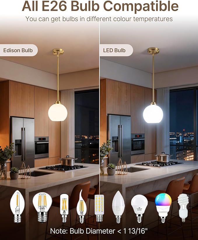Majade Globe Pendant Lights Mid Century Modern Kitchen Island Pendant Light Fixtures 7.4 Inch Gold Brass Pendant Lighting with Milk Glass Adjustable Hanging Light Fixtures for Dining Room Living Room