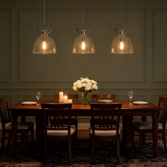 Large Pendant Lights Kitchen Island, 14'' Brushed Nickel Pendant Lights Fixture with Clear Glass Shade, 1-Light Modern Glass Kitchen Island Lighting for Dining Room Bedroom Over Table, E26