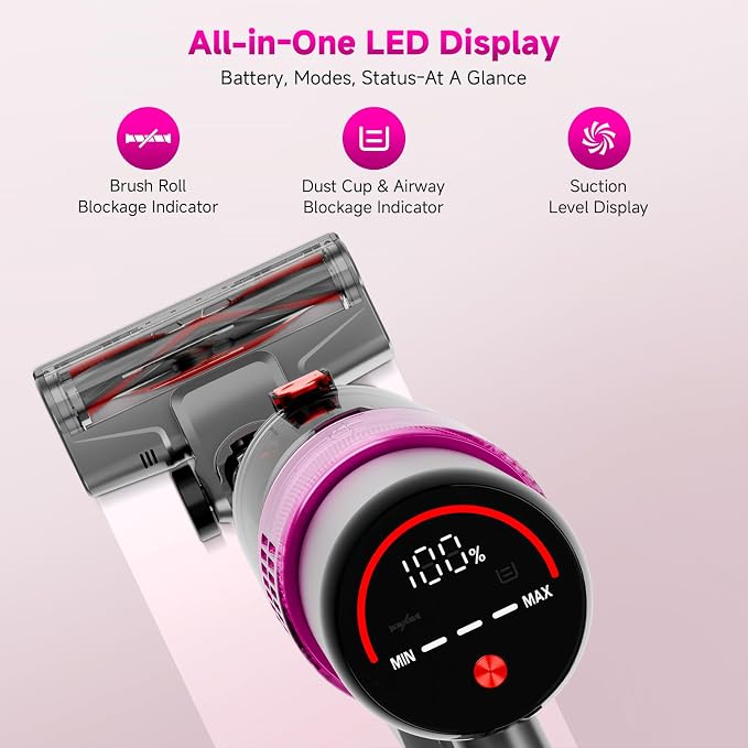 Cordless Vacuum Cleaner: Portable 6-in-1 Stick Vacuum with Anti-Tangle Brush, LED Headlight, Self-Standing, HD Display, Rechargeable Vacuum for Pet Hair, Low-Pile Carpet and Hardwood Floor-Purple