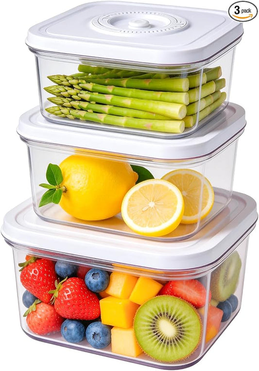 Vixino Vacuum Seal Containers, 3Pcs Reusable Food Storage Containers with Lids for Meal Prep and Freezer, BPA-Free，Microwave Safe，Leak-proof, Airtight (Vacuum Sealer Not Included)