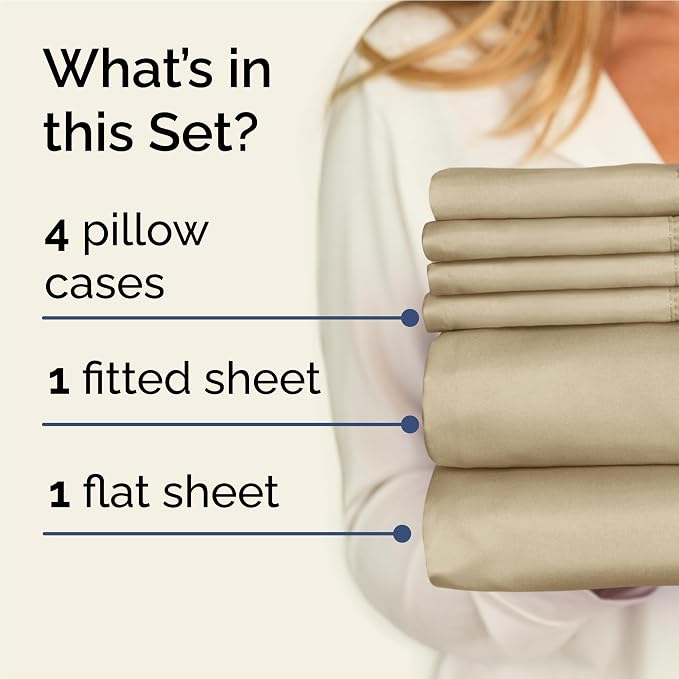Full 6 Piece Sheet Set - Comfy Breathable & Cooling - Ultra Soft Hotel Luxury Bedding Set with 8-16 Inch Deep Pockets - 1 Flat & 1 Fitted Sheet & 4 Pillowcases - Cozy, Wrinkle Free & Easy Care - Beige