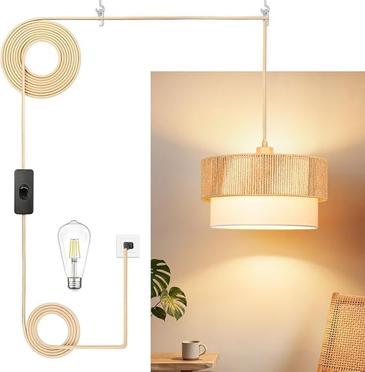 Qingmiao Boho Plug in Pendant Light, Rattan Hanging Lamp Plug in with Woven Shade, 3-Way Dimmable Hanging Light Fixture for Living Room Bedroom Kitchen Ceiling Home Decor