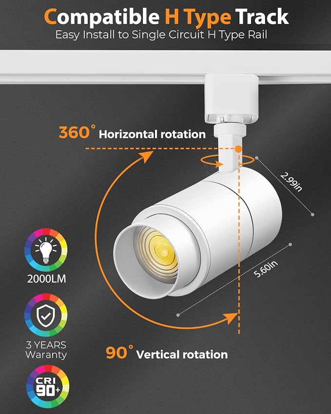 VANoopee 3-Color Zoomable 20W LED Track Lighting Heads H Type Track Light Heads Dimmable Bright Ceiling Spotlight Fixtures for Kitchen, 3000K 4000K 5000K Adjustable, CRI90+ 15°-60° 2000lm White 4 Pack