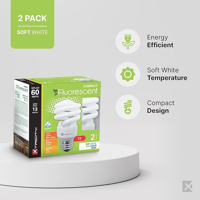 Xtricity Compact Fluorescent Light Bulbs T2 Spiral, E26 Base, 13W (60W Equivalent), 2700k Soft White, 900 Lumens, CFL, 120V - UL Listed, (2 Pack)