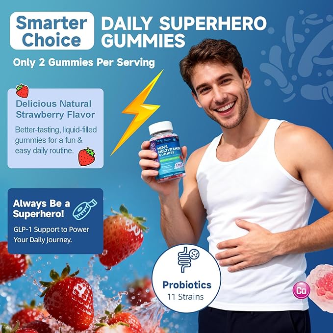 Totaria Multivitamine Sans Sucre pour Hommes avec Oméga 3, Probiotiques, Gummies Multivitaminés pour Hommes avec Complexe B Méthylé, AAE, Lycopène, Zinc, pour Énergie Quotidienne, Immunité, Cœur, Sans Fer, 60 Comprimés