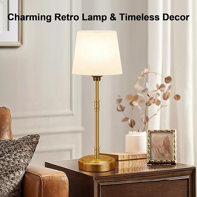 Cordless Table Lamps Set of 2 – Battery Operated Lamp with 7500mAh Rechargeable Battery, Stepless Dimmable Vintage Brushed Gold Desk Wireless Lamps for Dining Room, Nightstand & Patio (Bulbs Included)
