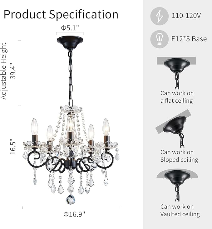ANJIADENGSHI Small Crystal Chandelier, Modern Black Chandelier Dining Room Light Fixture, Mini Crystal Pendant Light for Bedroom Ceiling Light Fixture for Living Room Entryway Kitchen Island Hallway