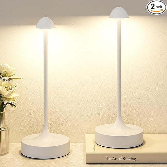 Kakanuo Rechargeable Cordless Table Lamp, Battery Operated Lamps, 3-Color Stepless Dimming, Portable Wireless Desk Lamp, LED Lighting for Dining Room, Restaurant, Office, Bar, Home(White 2 Pack)