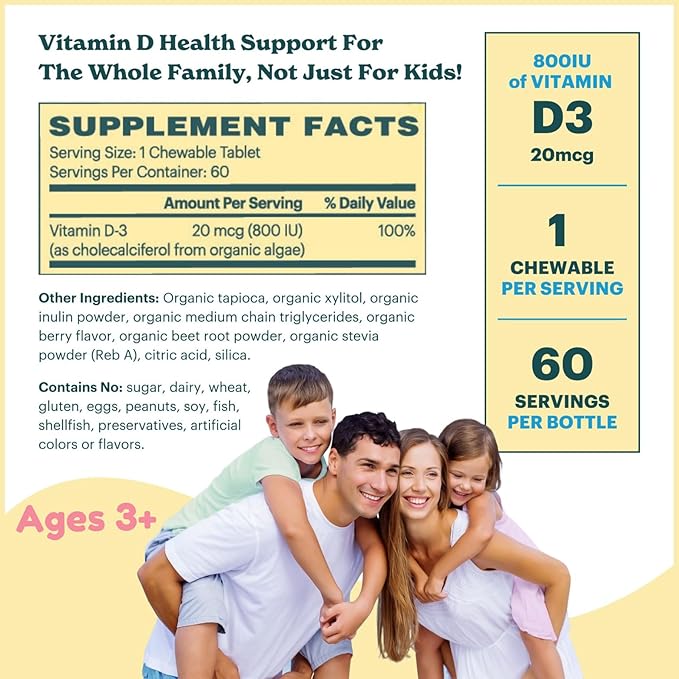 Vitamine D3 à croquer pour enfants et adolescents certifiée biologique | 800 UI | Sans sucre, végétalien, sans les 9 allergènes majeurs | 2 mois d'approvisionnement | À partir de 3 ans