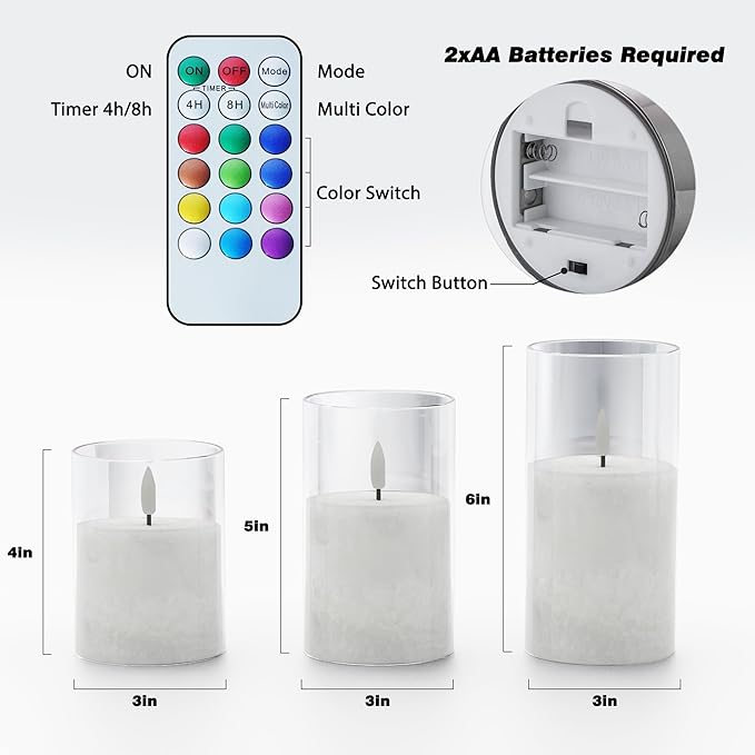 VIODAIM 12Colors Ice Crystal Real Wax Glass Flameless Candles with Remote & Timer, Battery Operated Candles with Warm Flickering Flame, Realistic LED Candle for Wedding Home Decor [D3×H4/5"/6"] 3Pack