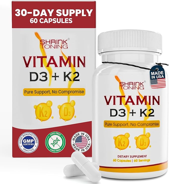shrink Toning Supplément de Vitamine D3 + K2 – 125 mcg Vitamine D₃ & 100 mcg K₂ – Soutien Immunitaire & Osseux – Sans OGM, Sans Gluten – 60 Gélules